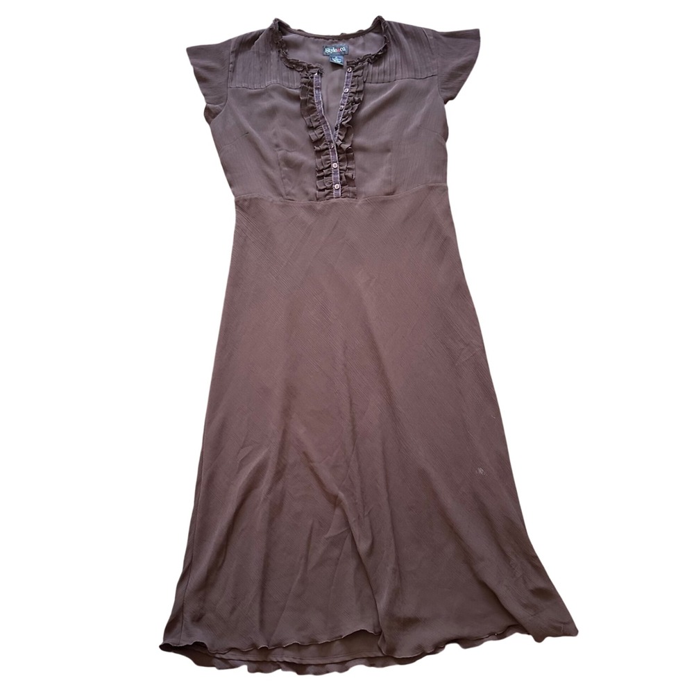 Style & Co Brown Ruffle V-Neck Midi Dress Velvet Trim Cap Sleeve Size 14